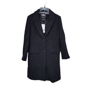 NEW ZARA MANTECO Wool Coat Women's Small Black Single Breasted Knee Length Italy